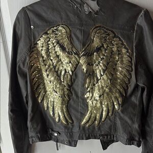 Black Leather Jacket with Gold Gear Accents